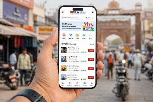A smartphone displaying BIGListing local business directory app with verified shops and services in a local Indian market background.