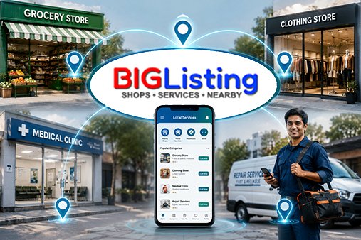 A connected local neighborhood illustration showing a grocery store, clothing shop, medical clinic, and repair service technician linked to a central smartphone via location pins with a logo placeholder.